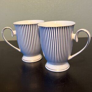 Grace’s Teaware Navy Blue White Pinstripe Gold Footed Coffee Mugs Set of 2